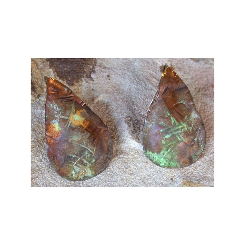 TTO 40e Olive Patina Hand Forged Solid Brass Hand Textured Tealeaf Elongated Teardop Earrings 