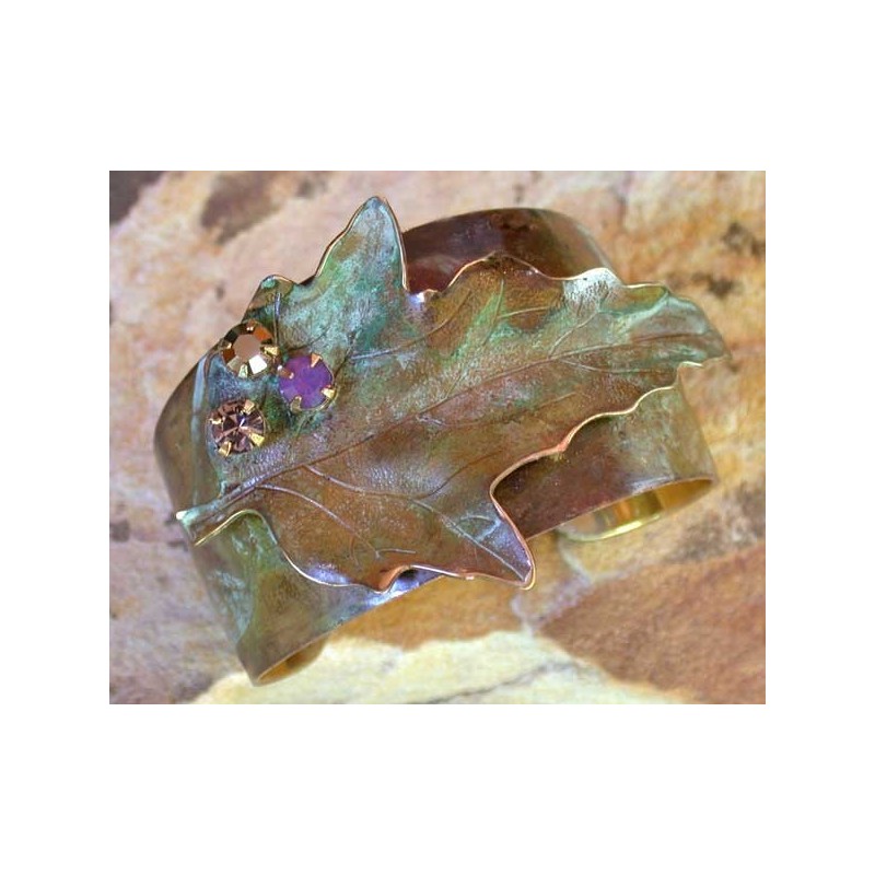 NO409cfCR  Olive Patina Solid Brass Sculptural Oak Leaf Tapered Cuff - Swarovski Crystalss 