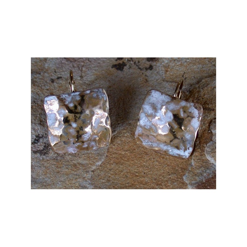 GW 8883e White Patina Hand Hammered Textured Brass Small Domed Square Earrings