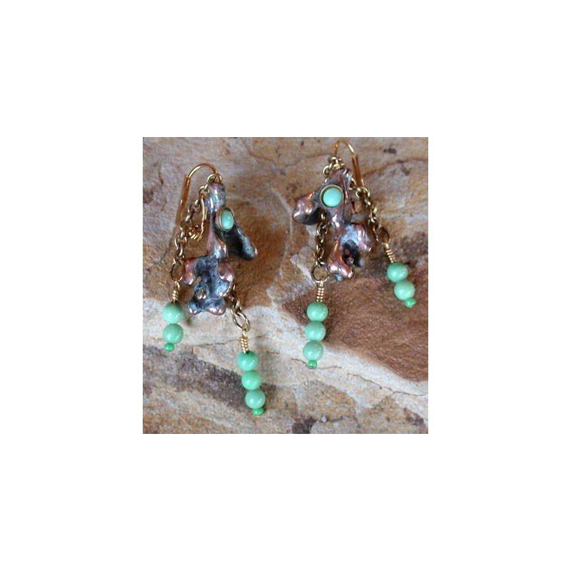 TWP4e Verdigris Patina Lost Wax Cast Brass Twigs Collection Earrings - Variscite 