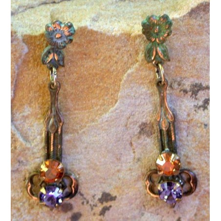 VNP931e  Verdigris Patina Brass Delicate Floral Dangle Earrings - Copper, Tanzanite Swarovski Crystals