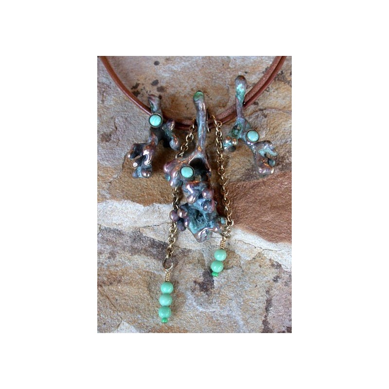 TWP8n Verdigris Patina Lost Wax Cast Brass Twigs Collection Necklace - Variscite 