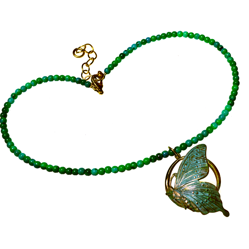 Verdigris Patina Solid Brass Butterfly Necklace - Chrysocolla