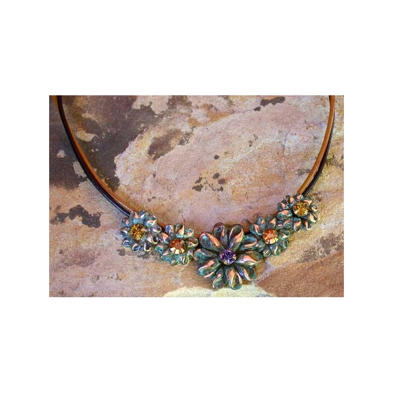 NAO921n Olive Patina Solid Brass Graduated Flowers Necklace - Swarovski Crystals