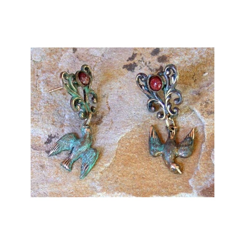 NAP1032e Verdigris Patina Solid Brass Soaring Birds with Victorian Filigree Dangle Earrings - Jasper 