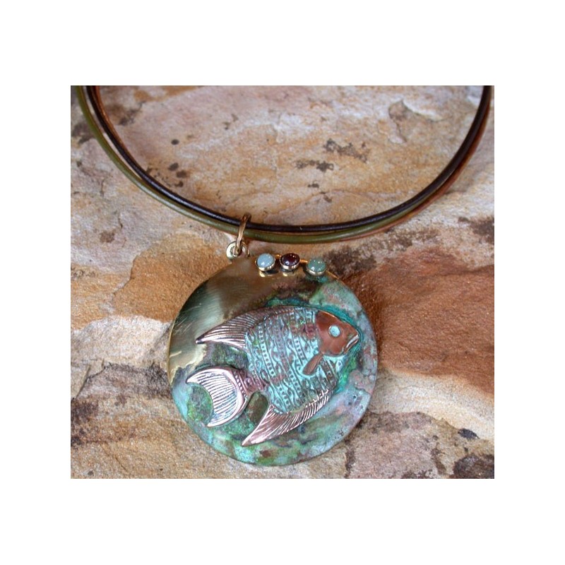 OCP621pd Verdigris Patina Tropical Fish Pendant - Amazonite, Jade, Jasper 