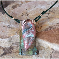 OCP7432pd Verdigris Patina Conch Shell Pendant - Amazonite, Jade, Brown Rawhide