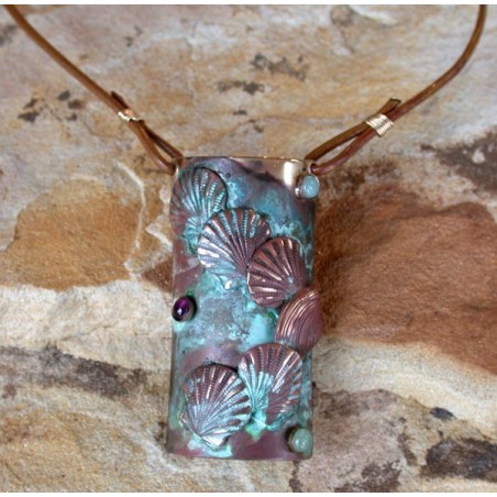OCP 2920pd Verdigris Patina Brass Overlapping Shells Pendant on Rawhide - Amazonite, Amethyst and Jade