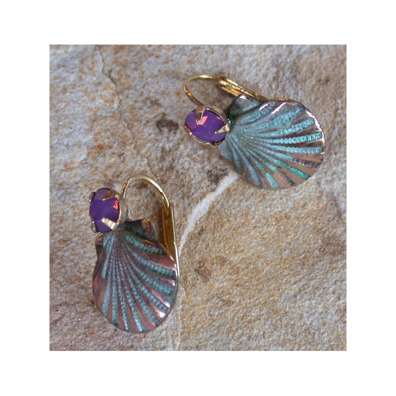 OCP 26eCR Verdigris Patina Brass Scallop Shell Earrings - Swarovski Crystals