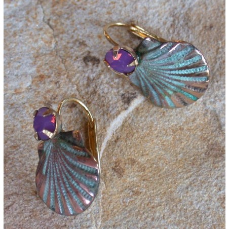 OCP 26eCR Verdigris Patina Brass Scallop Shell Earrings - Swarovski Crystals