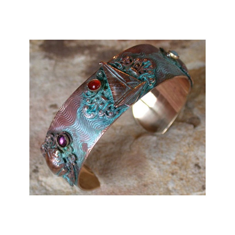 AQP7326bc Verdigris Patina Solid Brass Schooner and Shell Cuff - Amazonite, Amethyst, Carnelian