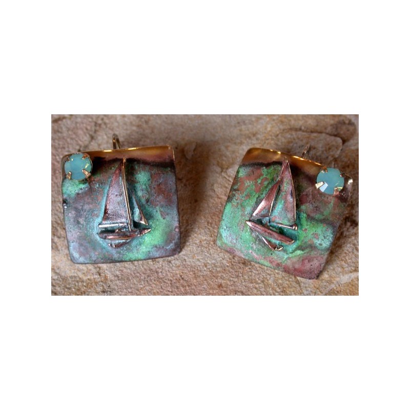 OCP620eCR Verdigris Patina Cast Brass Sailboat Earrings - Pacific Blue Crystals, Museum Latch