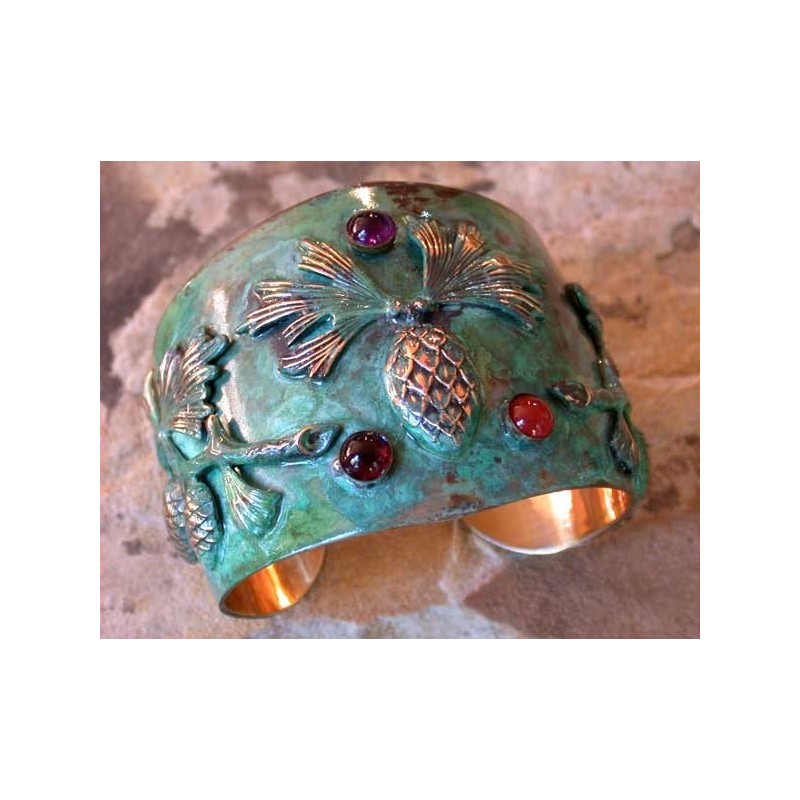 NAP845cf Verdigris Patina Solid Brass Pinecone Cuff - Amethyst, Carnelian, Garnet 