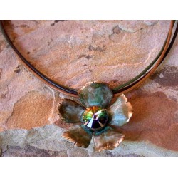 NAO861pdDV Olive Patina Solid Brass Sculptural Flower Pendant - Dark Vitrail Swarovski Crystal