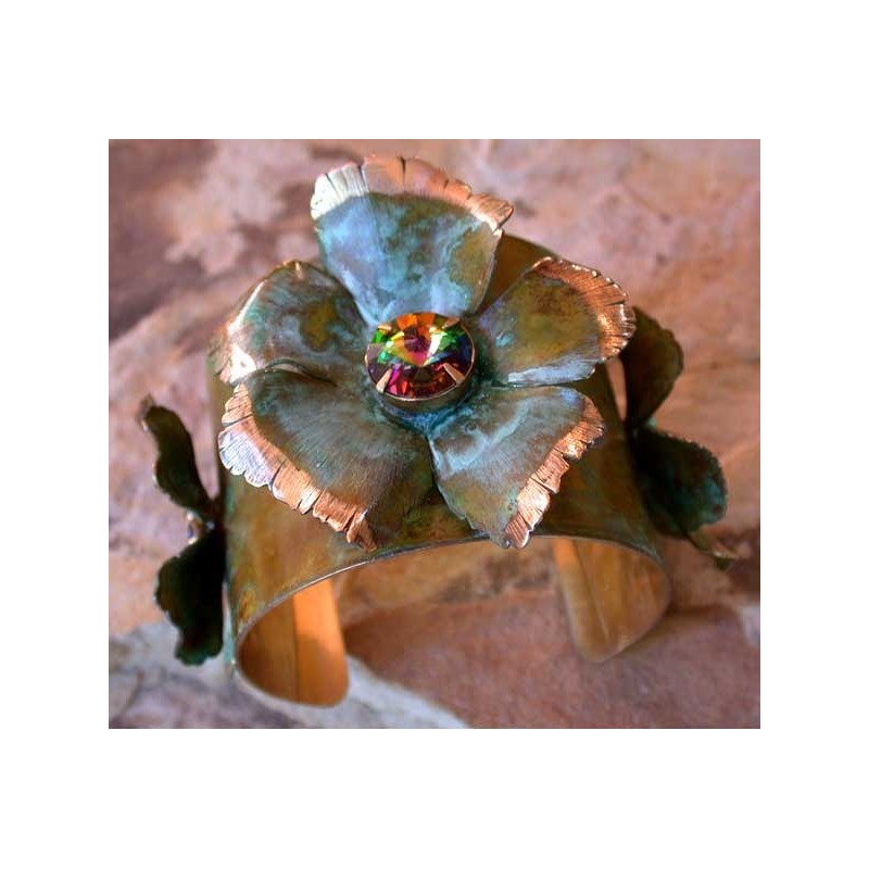 NAO8614cfDV Olive Patina Solid Brass Sculptural Flowers Wide Cuff - Dark Vitrail Swarovski Crystal