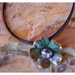 NAP861pdLV Verdigris Patina Solid Brass Sculptural Flower Pendant - Light Vitrail Swarovski Crystal 