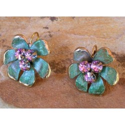 NAP9433eLV Verdigris Patina Solid Brass Mayapple Flower Earrings - Light Vitrail Swarovski Crystals