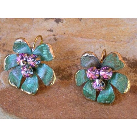 NAP9433eLV Verdigris Patina Solid Brass Mayapple Flower Earrings - Light Vitrail Swarovski Crystals