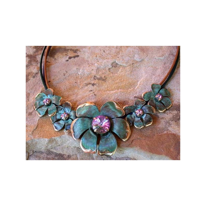 NAP9433nLV Verdigris Patina Solid Brass Mayapple Flowers Graduated Necklace - Light Vitrail Swarovski Crystals 