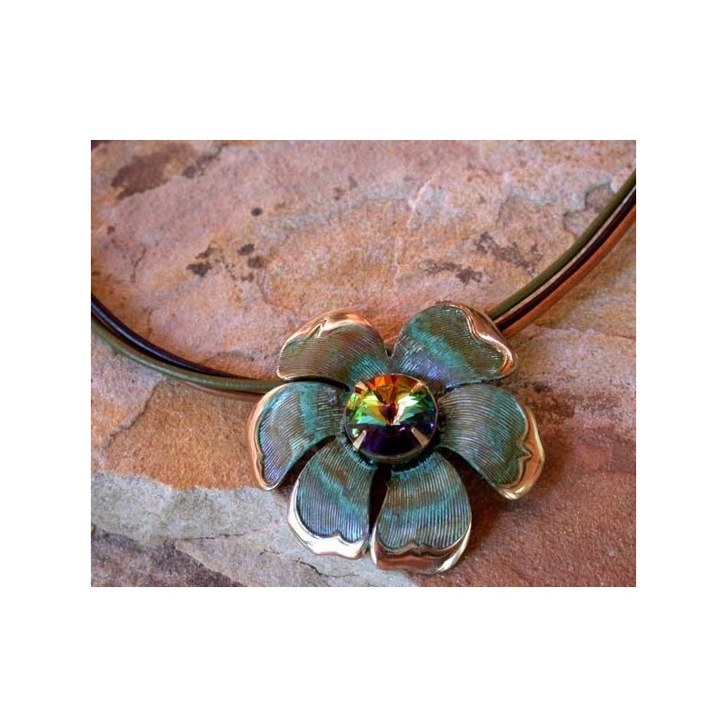 NAO433pdDV Olive Patina Solid Brass Mayapple Flower Pendant - Dark Vitrail Swarovski Crystal