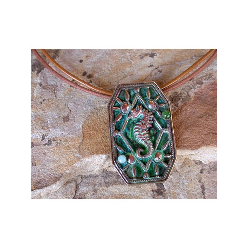OCP 9246pd Verdigris Patina Brass Seahorse Pendant - Amazonite, Jade