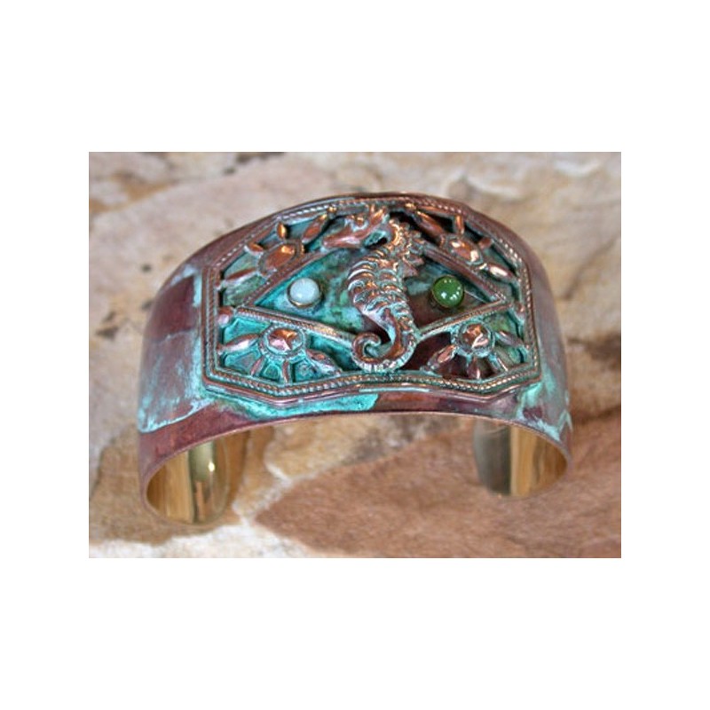 OCP9246cf Verdigris Patina Brass Seahorse Cuff - Amazonite, Jade