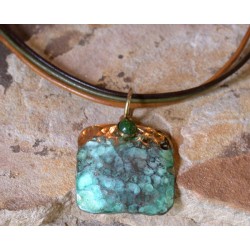 TDP 43pd Verdigris Patina Hand Hammered Textured Brass Tag Pendant on Tri-color Rawhide - Nephrite Jade