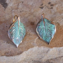 NAP747e  Verdigris Patina Solid Brass Small Detailed Leaf Earrings