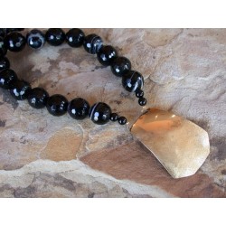 SIT 610n Silk Textured Forged Solid Brass Contemporary Hexagon Necklace - Black Sardonyx