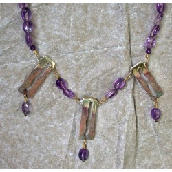 MAE910n  Earth Patina  Cast Brass Modern Art Three Piece Necklace - Amethyst