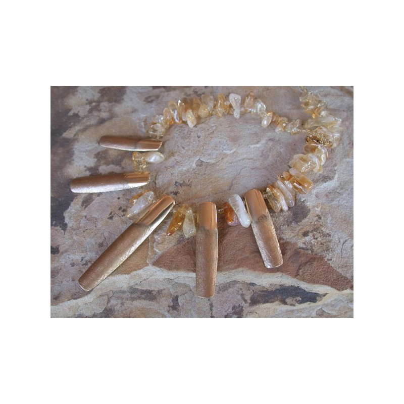 SIT 400n Silk Textured Forged Solid Brass Graduated Elongated Curved Barrel Necklace - Citrine