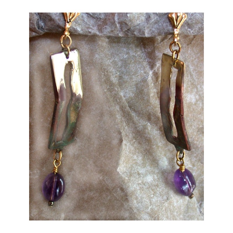 MAE908e Lost Wax Cast Brass Modern Art Dangle Earrings - Amethyst 