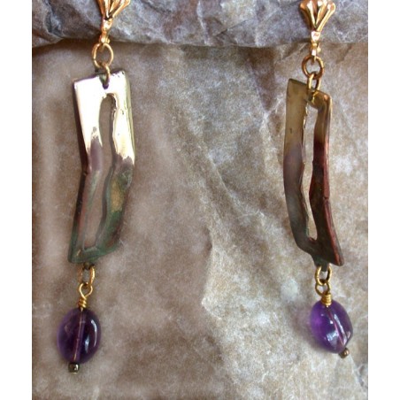 MAE908e Lost Wax Cast Brass Modern Art Dangle Earrings - Amethyst 
