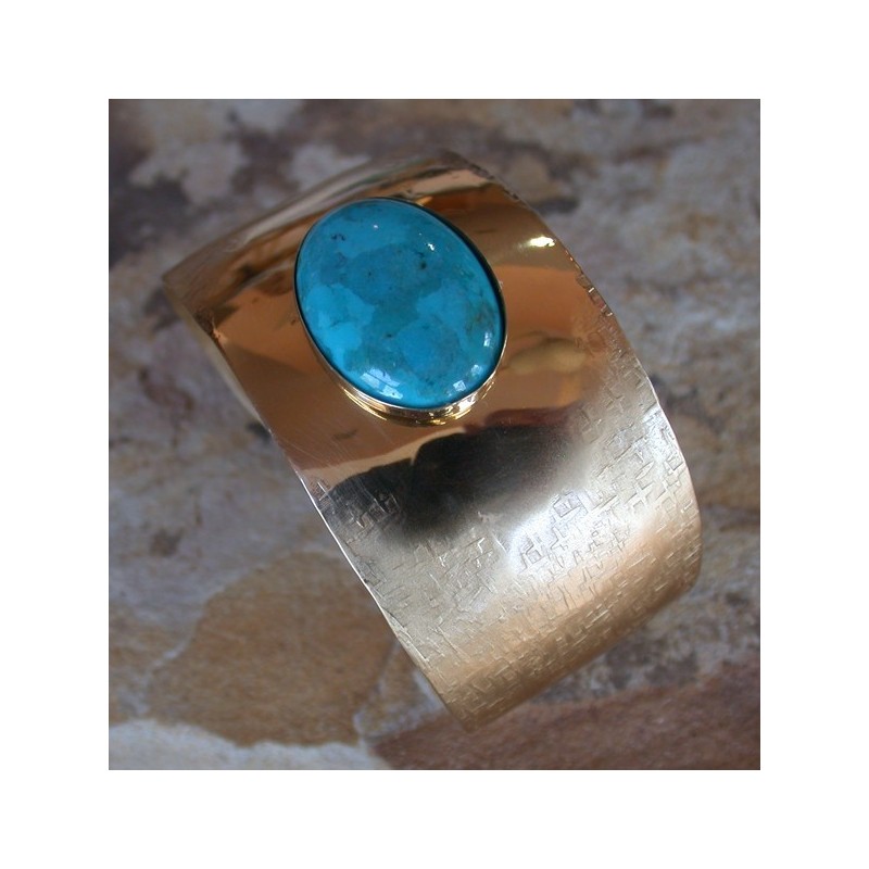 SIT 617cf Silk Textured Forged Solid Brass Tapered Cuff - Turquoise